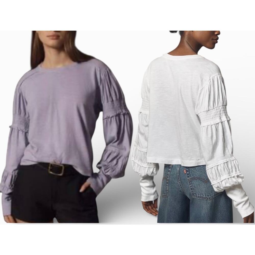 Lot of 2 Pilcro Crew-Neck Ruched & Smocked-Sleeve Top White Purple XXS